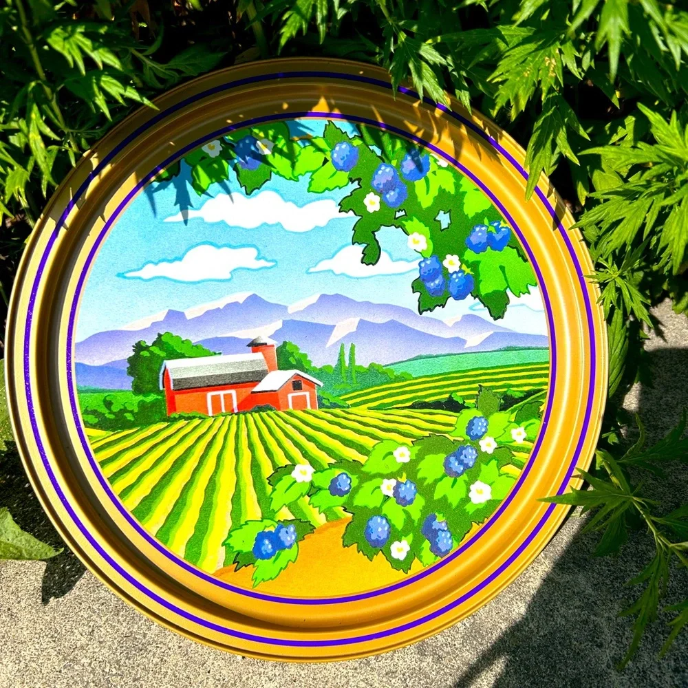 vintage style purple blue metal farm tray colorful nature scene